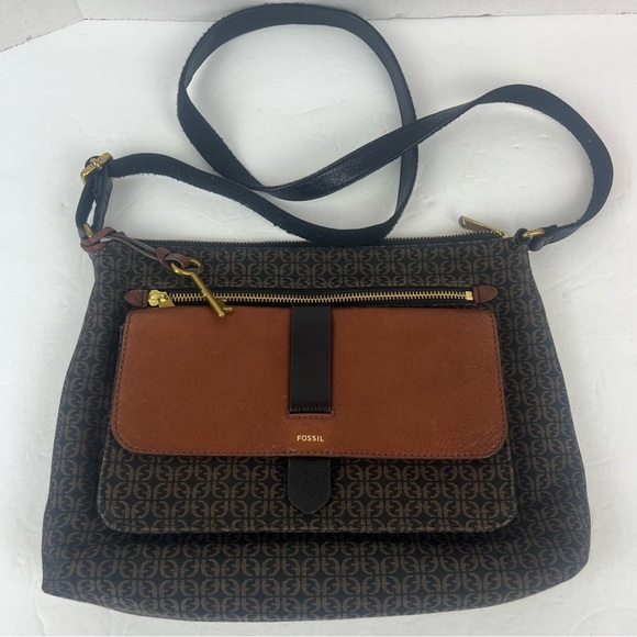 Fossil Handbags - Fossil streamline black logo fabric crossbody bag-tan accent